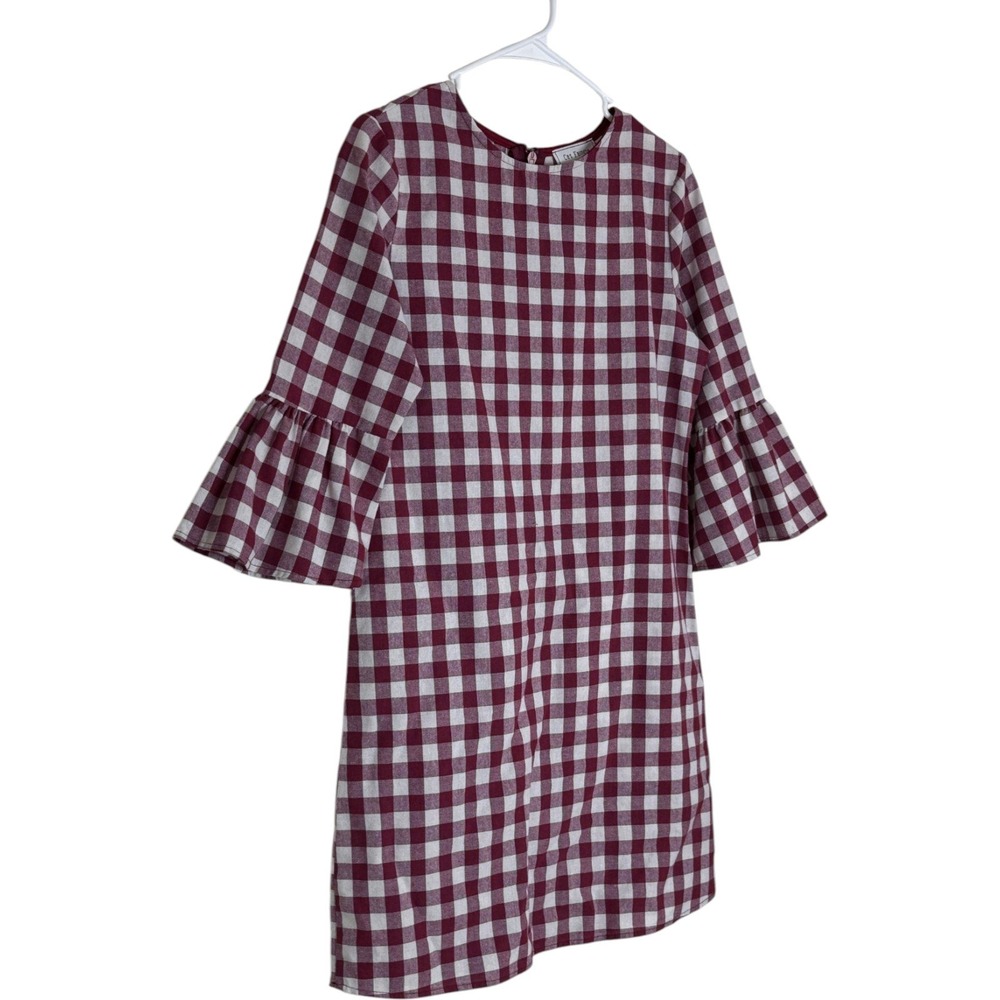 Ces Femme Shift Dress Womens Medium Burgundy Gingham Plaid Bell Sleeve Ruffle - Picture 5 of 9